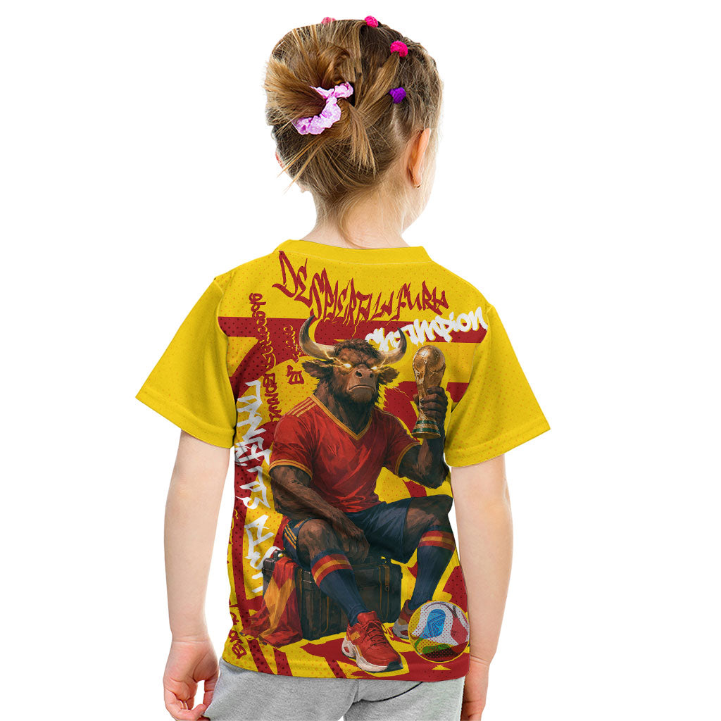 Spain Football Bull Mascot Kid T Shirt Spanish Pride Champion Soccer Trophy Graffiti