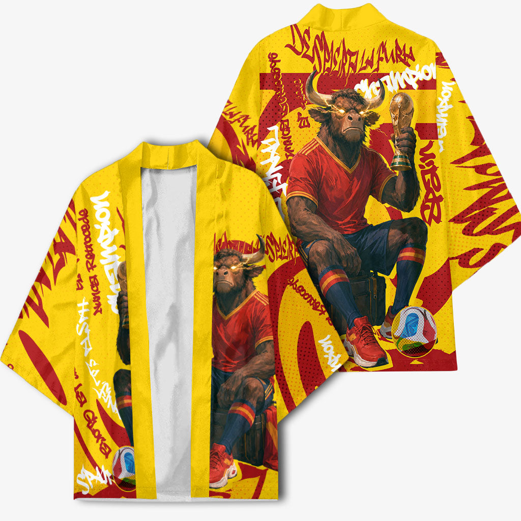 Spain Football Bull Mascot Kimono Spanish Pride Champion Soccer Trophy Graffiti