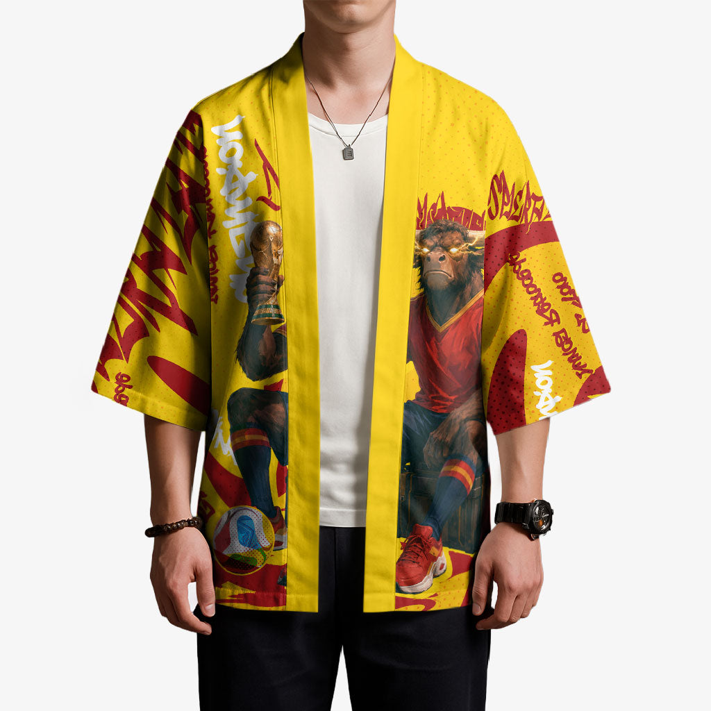 Spain Football Bull Mascot Kimono Spanish Pride Champion Soccer Trophy Graffiti