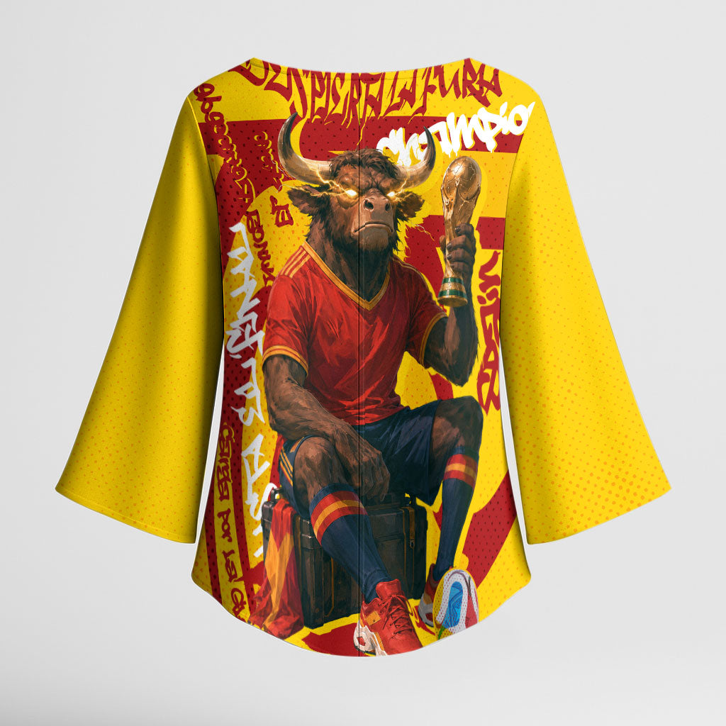Spain Football Bull Mascot Kimono Sleeve Blouse Spanish Pride Champion Soccer Trophy Graffiti