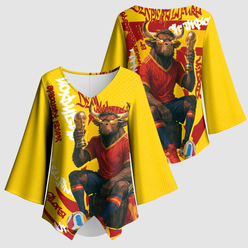 Spain Football Bull Mascot Kimono Sleeve Blouse Spanish Pride Champion Soccer Trophy Graffiti