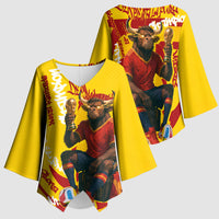 Spain Football Bull Mascot Kimono Sleeve Blouse Spanish Pride Champion Soccer Trophy Graffiti