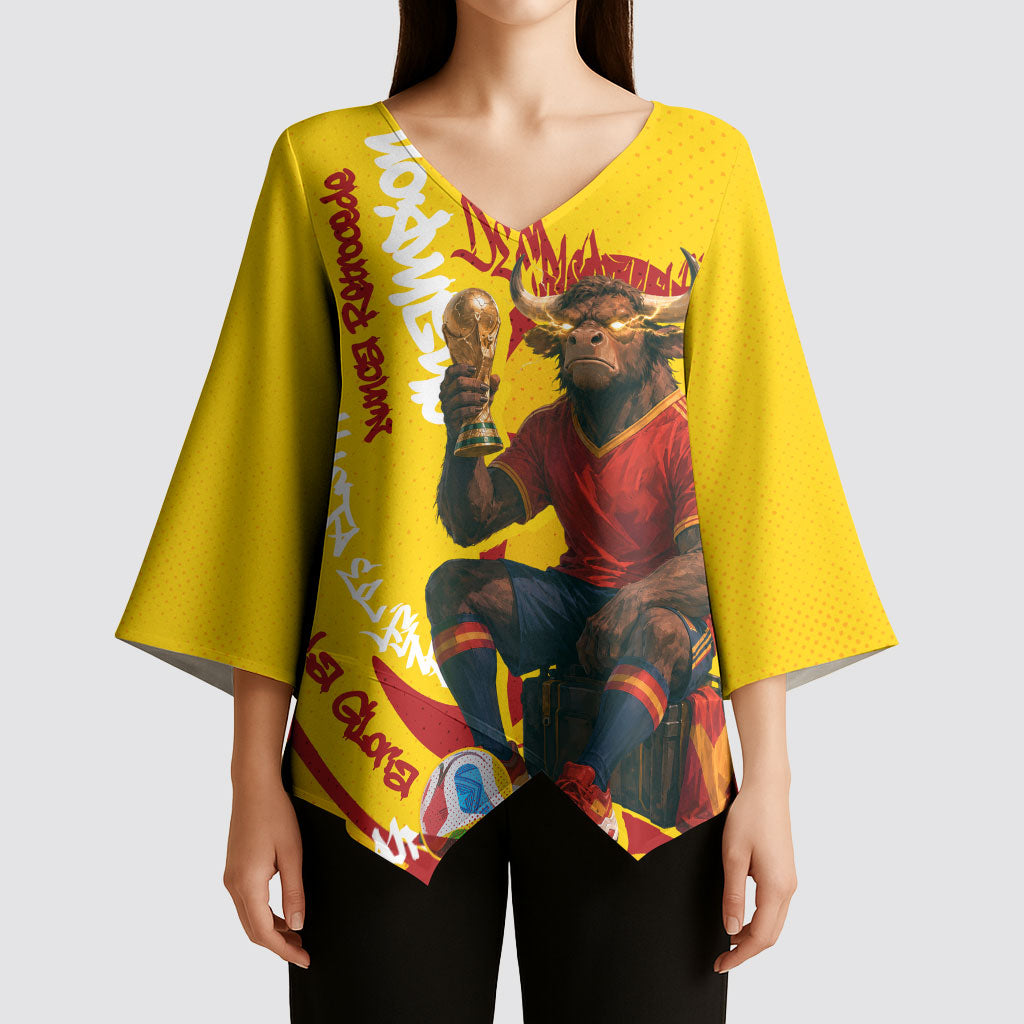 Spain Football Bull Mascot Kimono Sleeve Blouse Spanish Pride Champion Soccer Trophy Graffiti