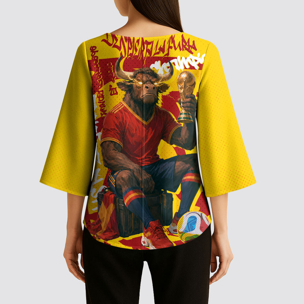 Spain Football Bull Mascot Kimono Sleeve Blouse Spanish Pride Champion Soccer Trophy Graffiti