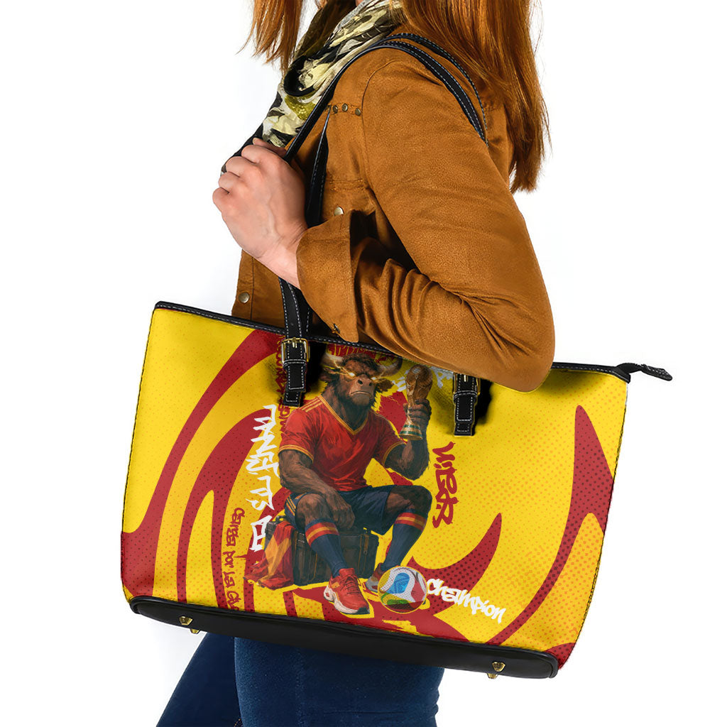 Spain Football Bull Mascot Leather Tote Bag Spanish Pride Champion Soccer Trophy Graffiti