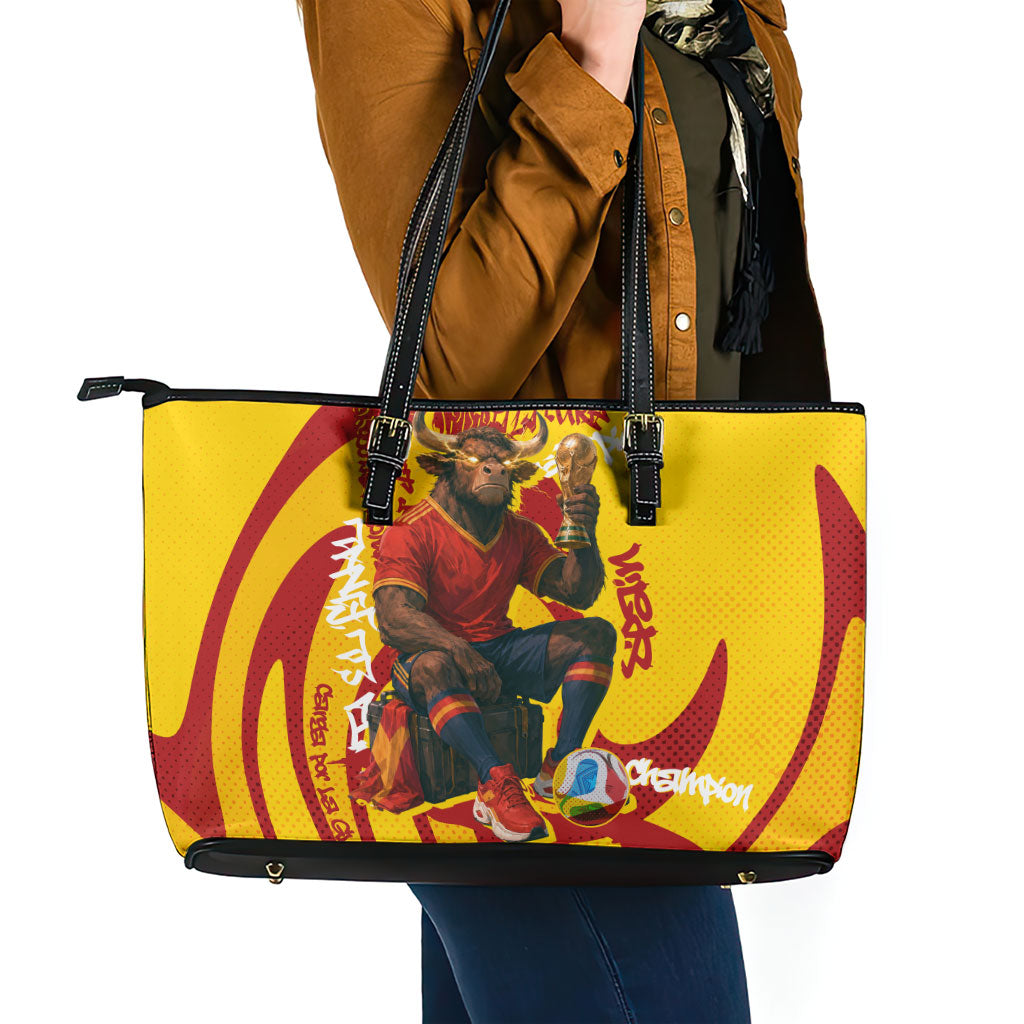 Spain Football Bull Mascot Leather Tote Bag Spanish Pride Champion Soccer Trophy Graffiti