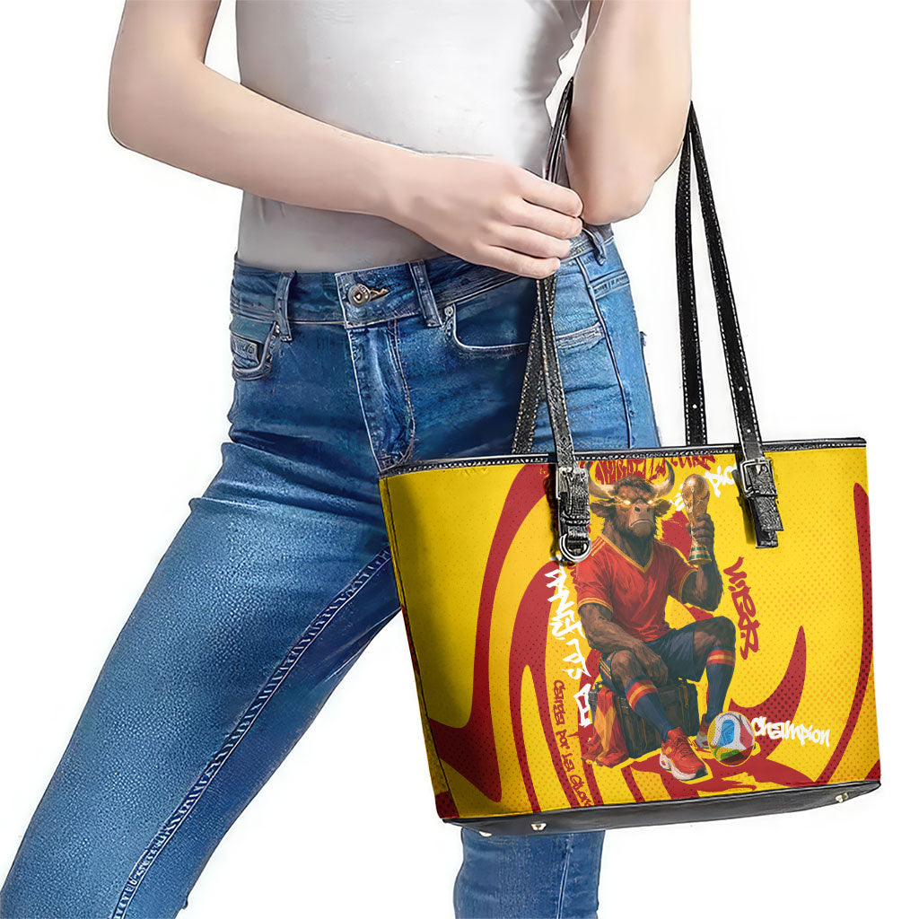 Spain Football Bull Mascot Leather Tote Bag Spanish Pride Champion Soccer Trophy Graffiti