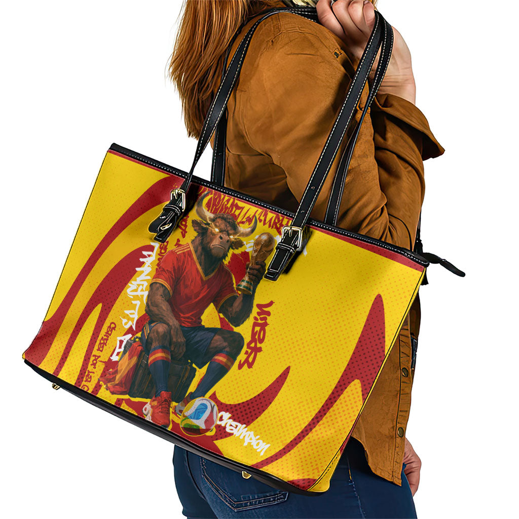Spain Football Bull Mascot Leather Tote Bag Spanish Pride Champion Soccer Trophy Graffiti