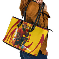Spain Football Bull Mascot Leather Tote Bag Spanish Pride Champion Soccer Trophy Graffiti