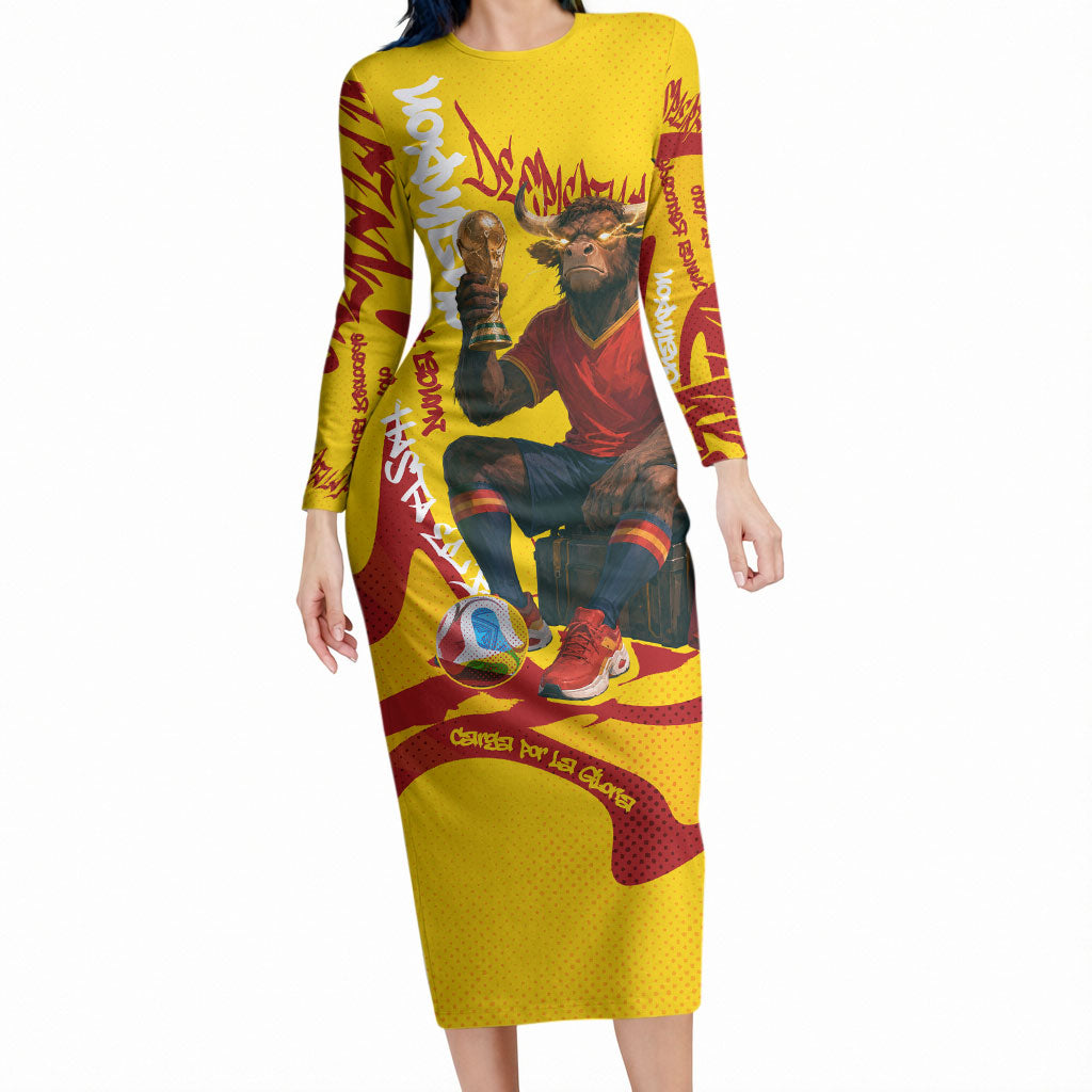Spain Football Bull Mascot Long Sleeve Bodycon Dress Spanish Pride Champion Soccer Trophy Graffiti