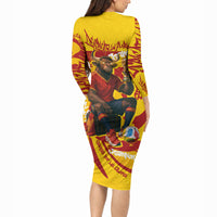 Spain Football Bull Mascot Long Sleeve Bodycon Dress Spanish Pride Champion Soccer Trophy Graffiti