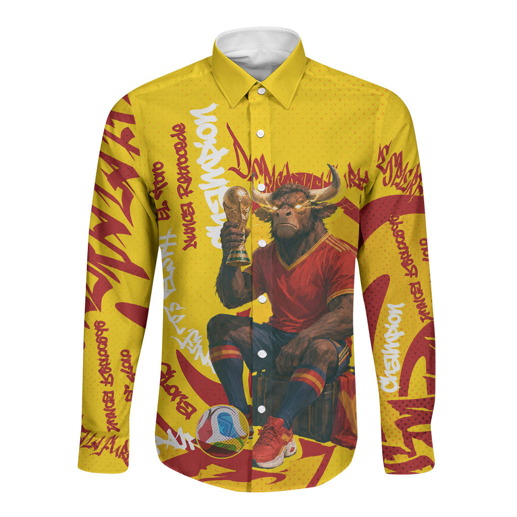 Spain Football Bull Mascot Long Sleeve Button Shirt Spanish Pride Champion Soccer Trophy Graffiti