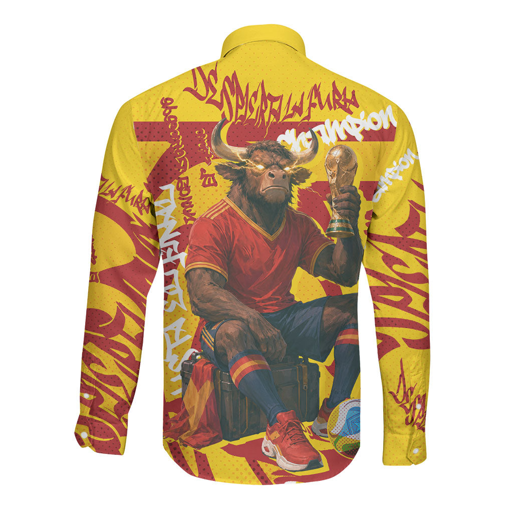 Spain Football Bull Mascot Long Sleeve Button Shirt Spanish Pride Champion Soccer Trophy Graffiti