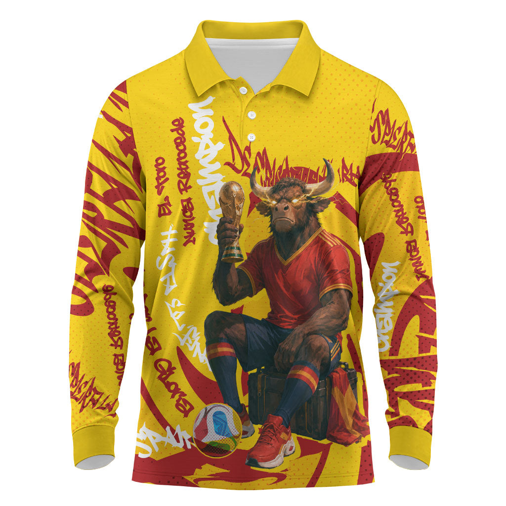 Spain Football Bull Mascot Long Sleeve Polo Shirt Spanish Pride Champion Soccer Trophy Graffiti