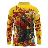 Spain Football Bull Mascot Long Sleeve Polo Shirt Spanish Pride Champion Soccer Trophy Graffiti