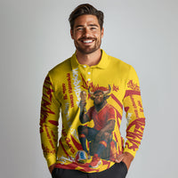 Spain Football Bull Mascot Long Sleeve Polo Shirt Spanish Pride Champion Soccer Trophy Graffiti