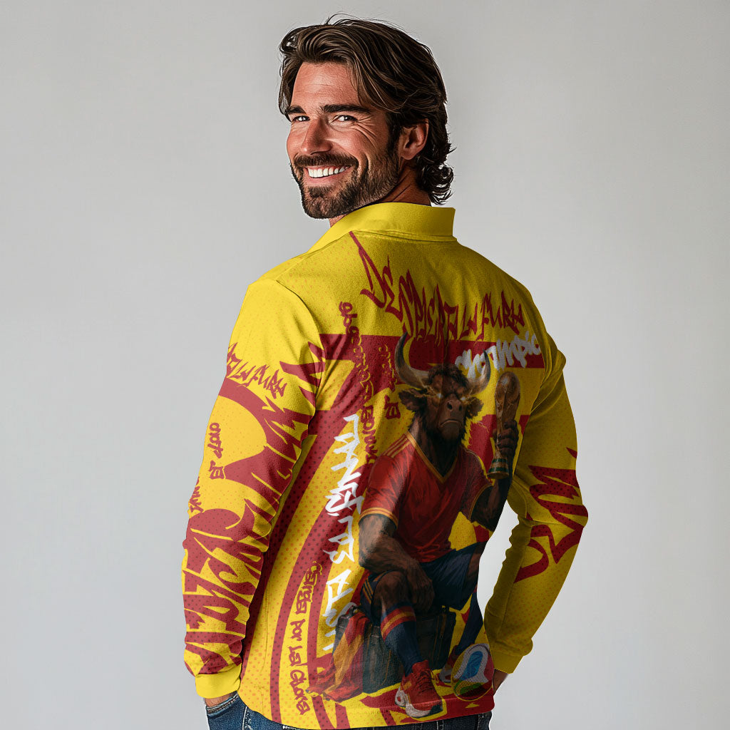 Spain Football Bull Mascot Long Sleeve Polo Shirt Spanish Pride Champion Soccer Trophy Graffiti
