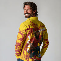 Spain Football Bull Mascot Long Sleeve Polo Shirt Spanish Pride Champion Soccer Trophy Graffiti