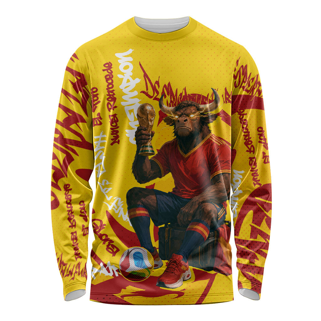 Spain Football Bull Mascot Long Sleeve Shirt Spanish Pride Champion Soccer Trophy Graffiti