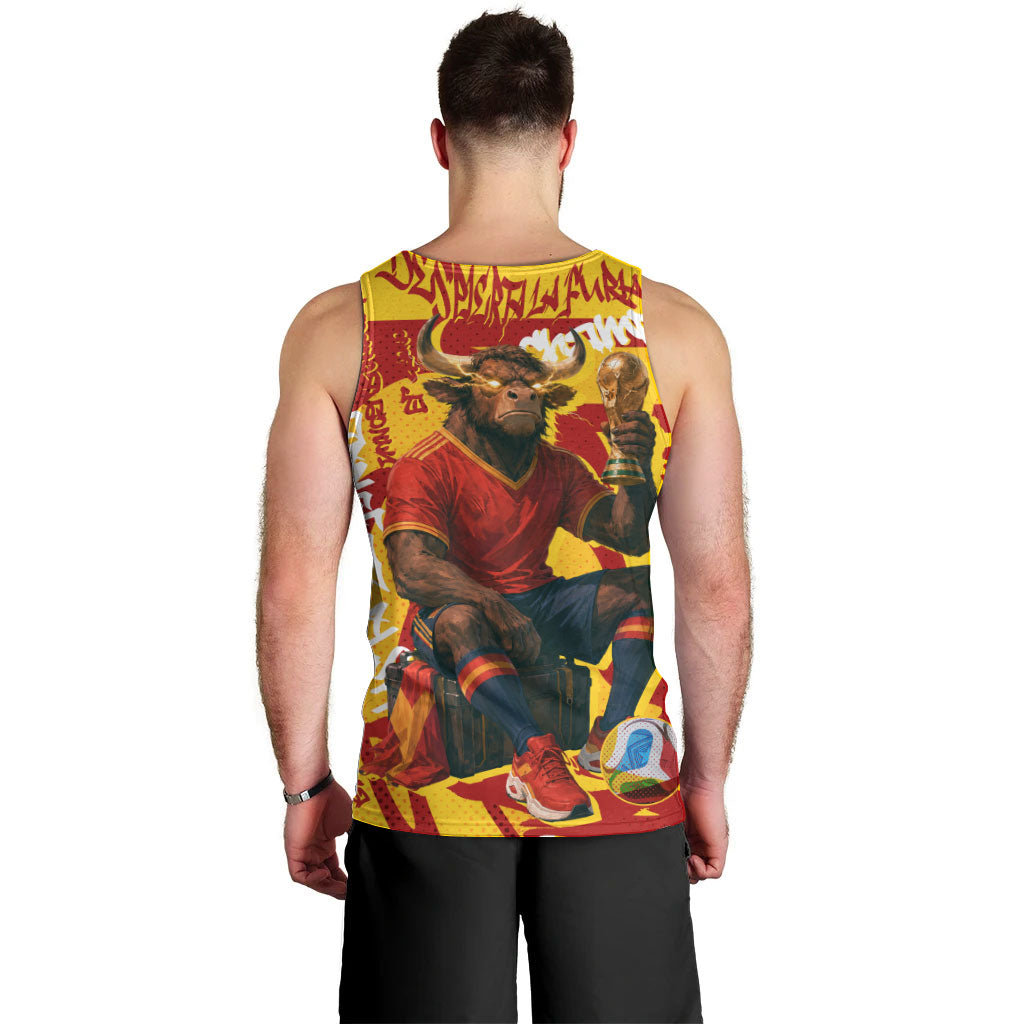 Spain Football Bull Mascot Men Tank Top Spanish Pride Champion Soccer Trophy Graffiti