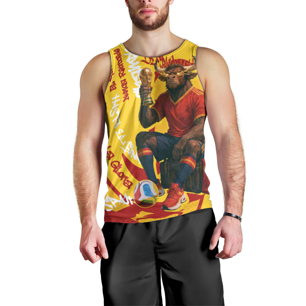 Spain Football Bull Mascot Men Tank Top Spanish Pride Champion Soccer Trophy Graffiti