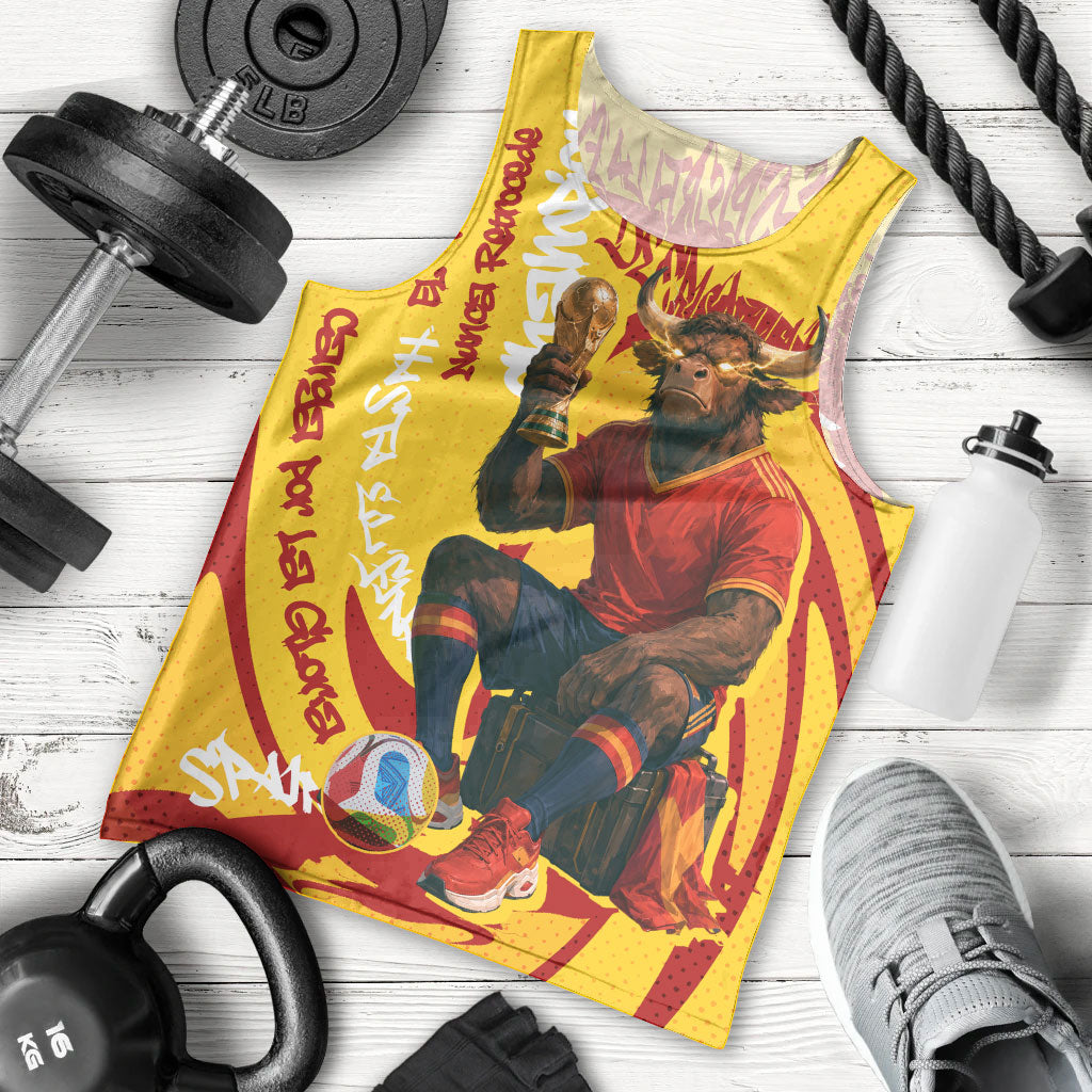 Spain Football Bull Mascot Men Tank Top Spanish Pride Champion Soccer Trophy Graffiti