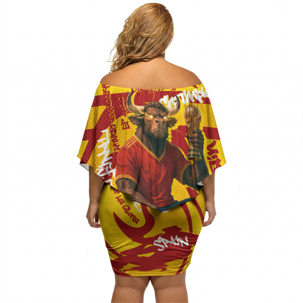 Spain Football Bull Mascot Off Shoulder Short Dress Spanish Pride Champion Soccer Trophy Graffiti