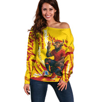 Spain Football Bull Mascot Off Shoulder Sweater Spanish Pride Champion Soccer Trophy Graffiti