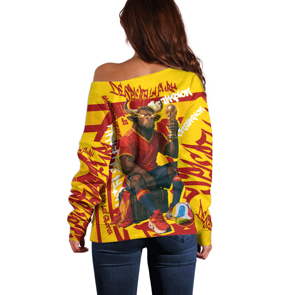Spain Football Bull Mascot Off Shoulder Sweater Spanish Pride Champion Soccer Trophy Graffiti