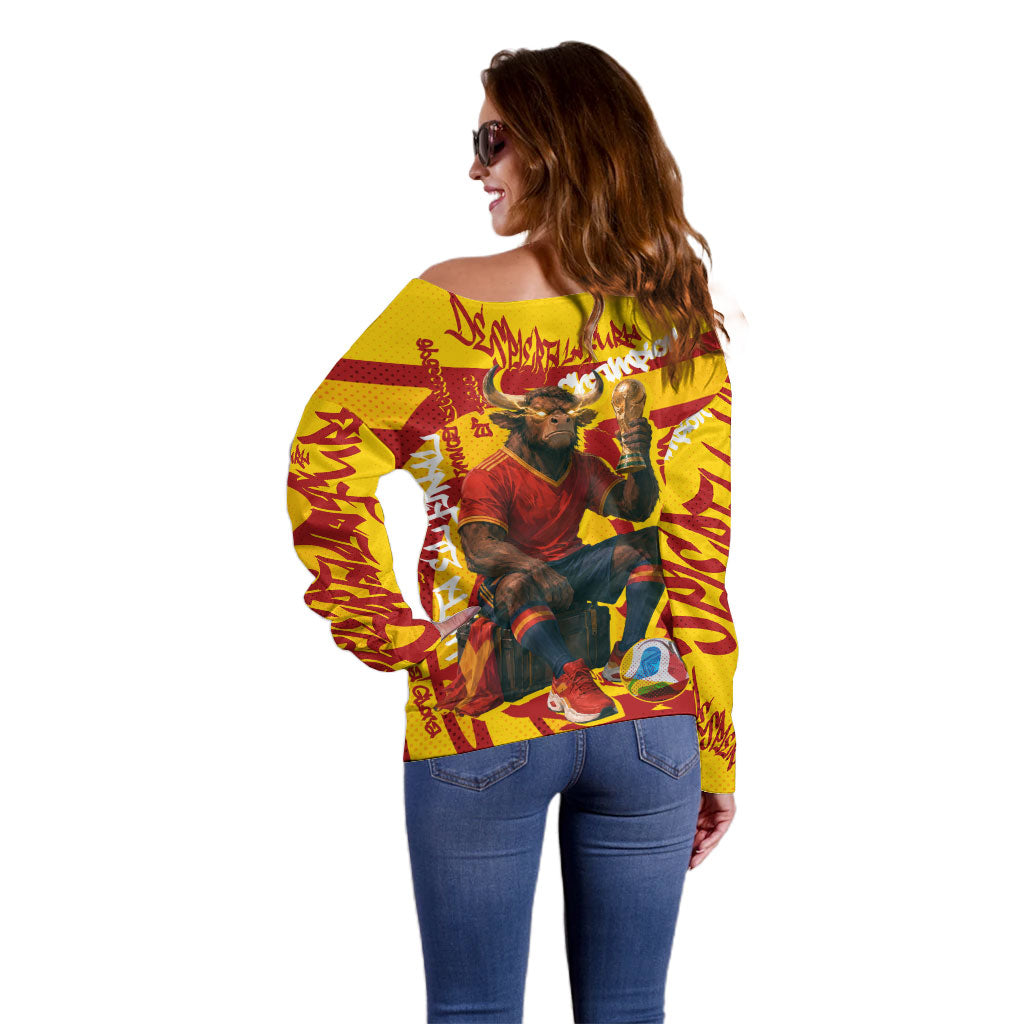 Spain Football Bull Mascot Off Shoulder Sweater Spanish Pride Champion Soccer Trophy Graffiti