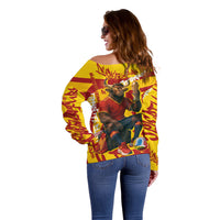 Spain Football Bull Mascot Off Shoulder Sweater Spanish Pride Champion Soccer Trophy Graffiti