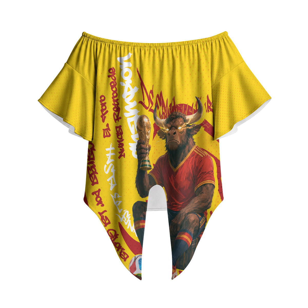 Spain Football Bull Mascot Off Shoulder Wrap Waist Top Spanish Pride Champion Soccer Trophy Graffiti