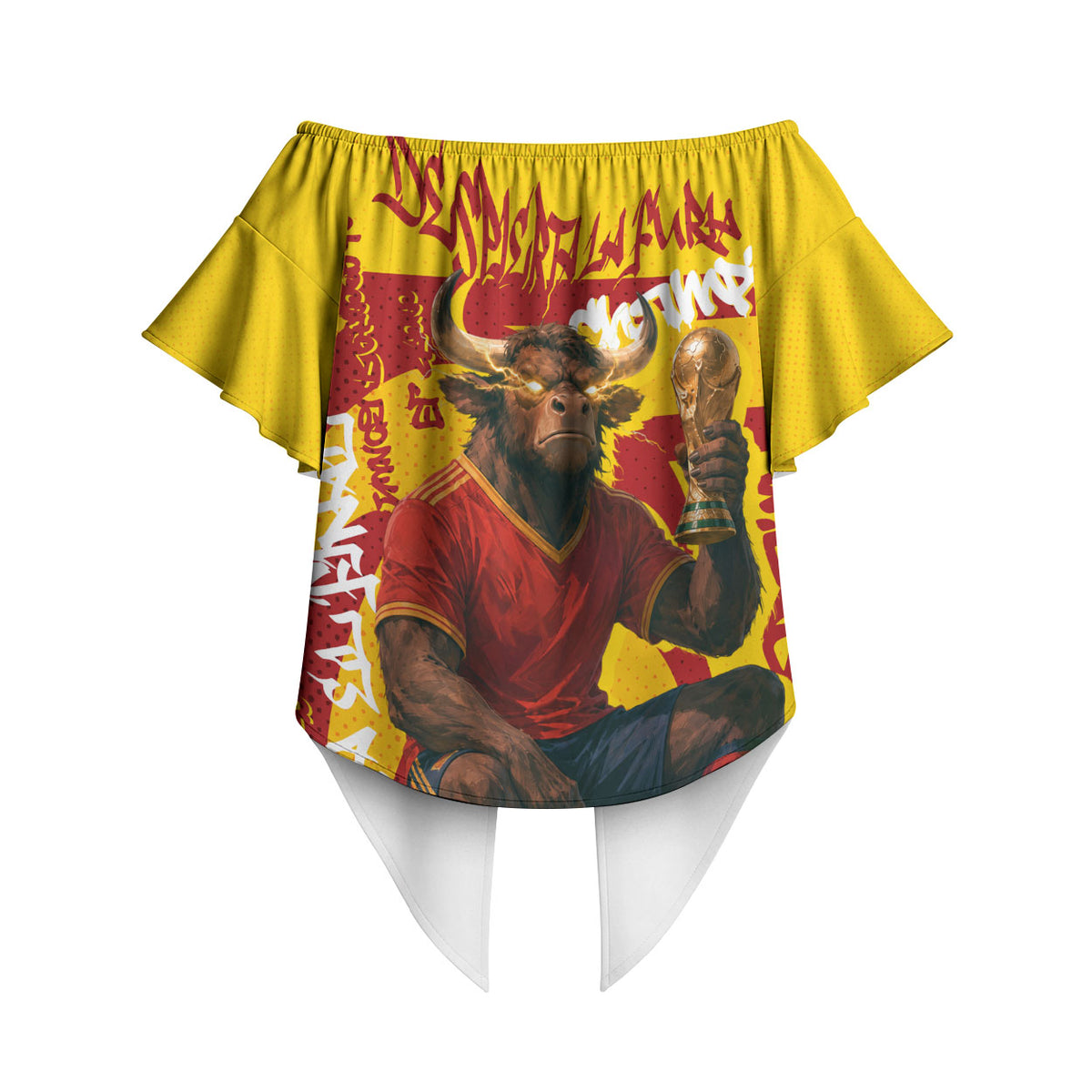 Spain Football Bull Mascot Off Shoulder Wrap Waist Top Spanish Pride Champion Soccer Trophy Graffiti