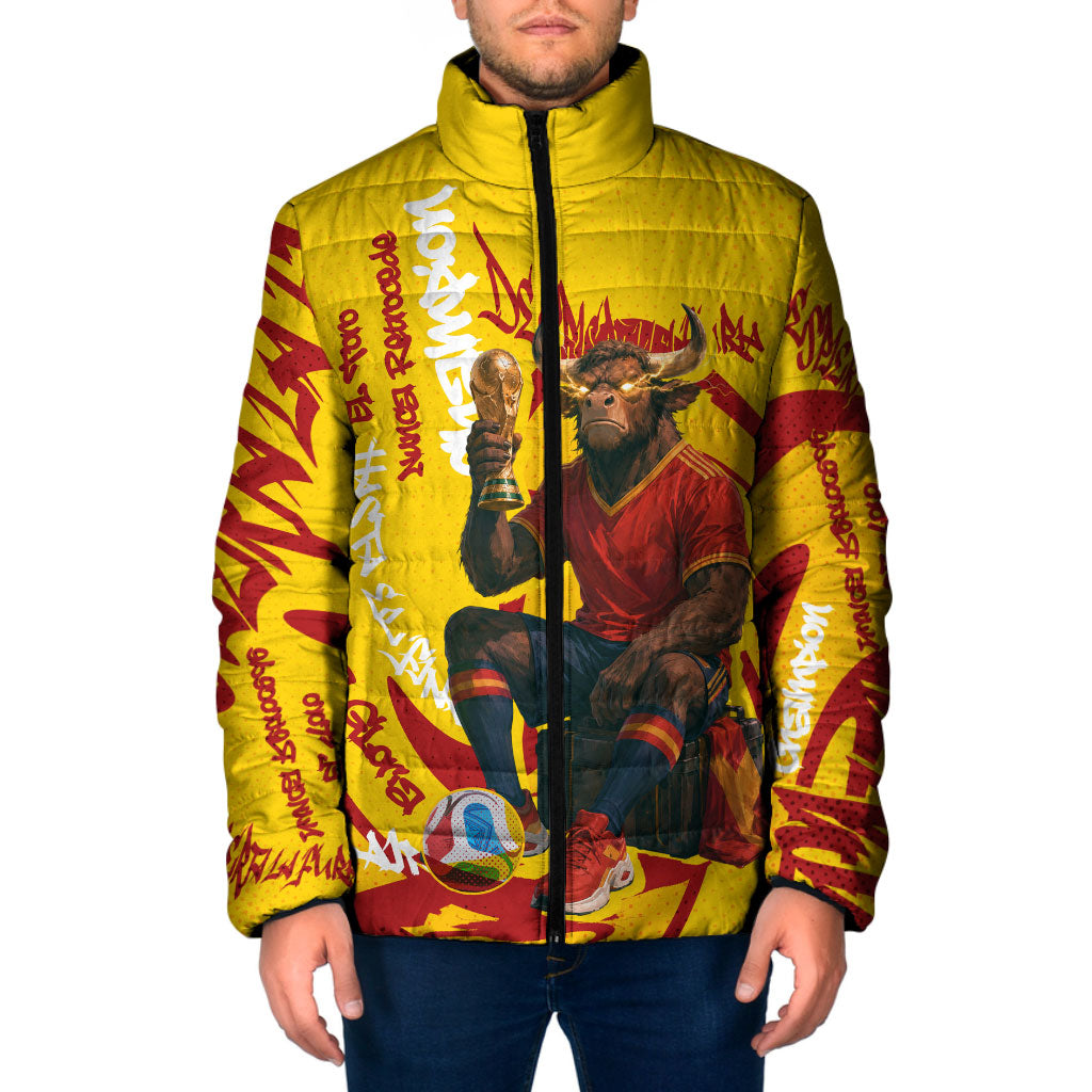 Spain Football Bull Mascot Padded Jacket Spanish Pride Champion Soccer Trophy Graffiti