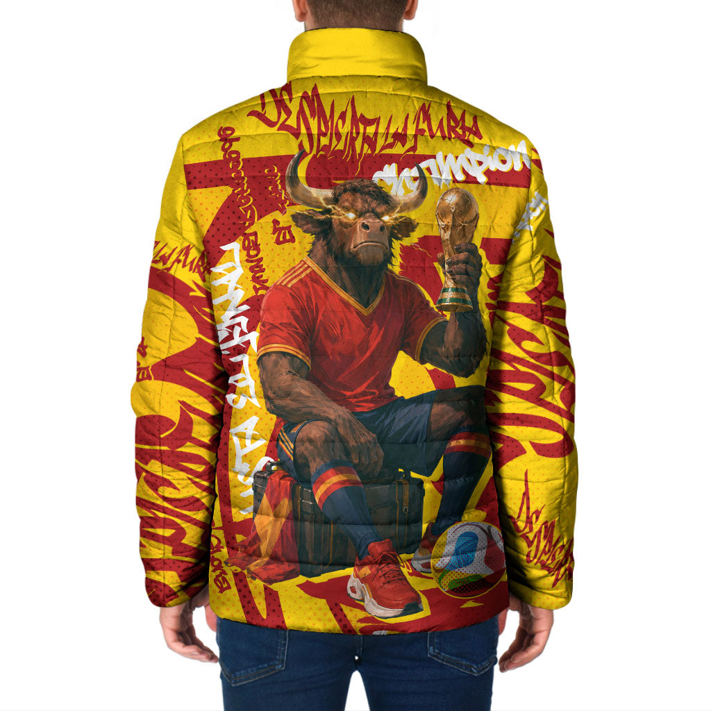 Spain Football Bull Mascot Padded Jacket Spanish Pride Champion Soccer Trophy Graffiti