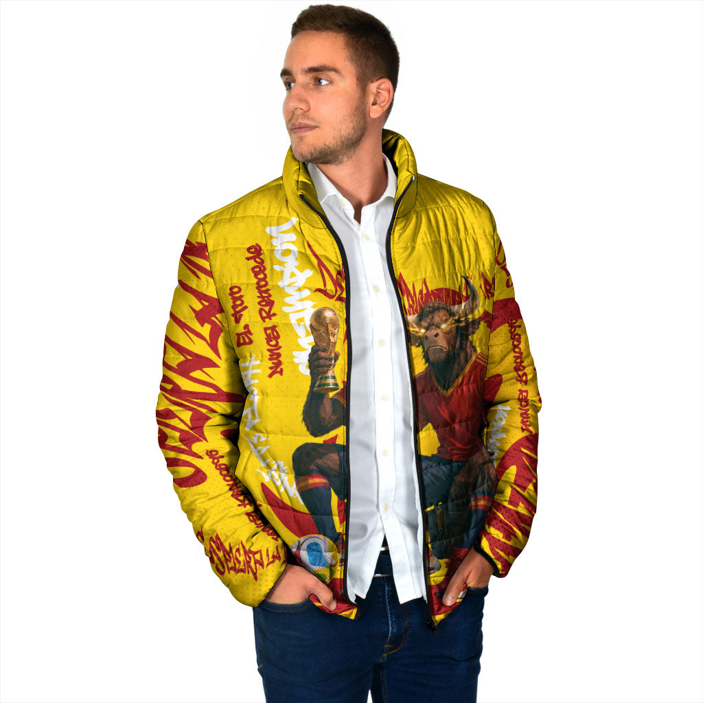 Spain Football Bull Mascot Padded Jacket Spanish Pride Champion Soccer Trophy Graffiti