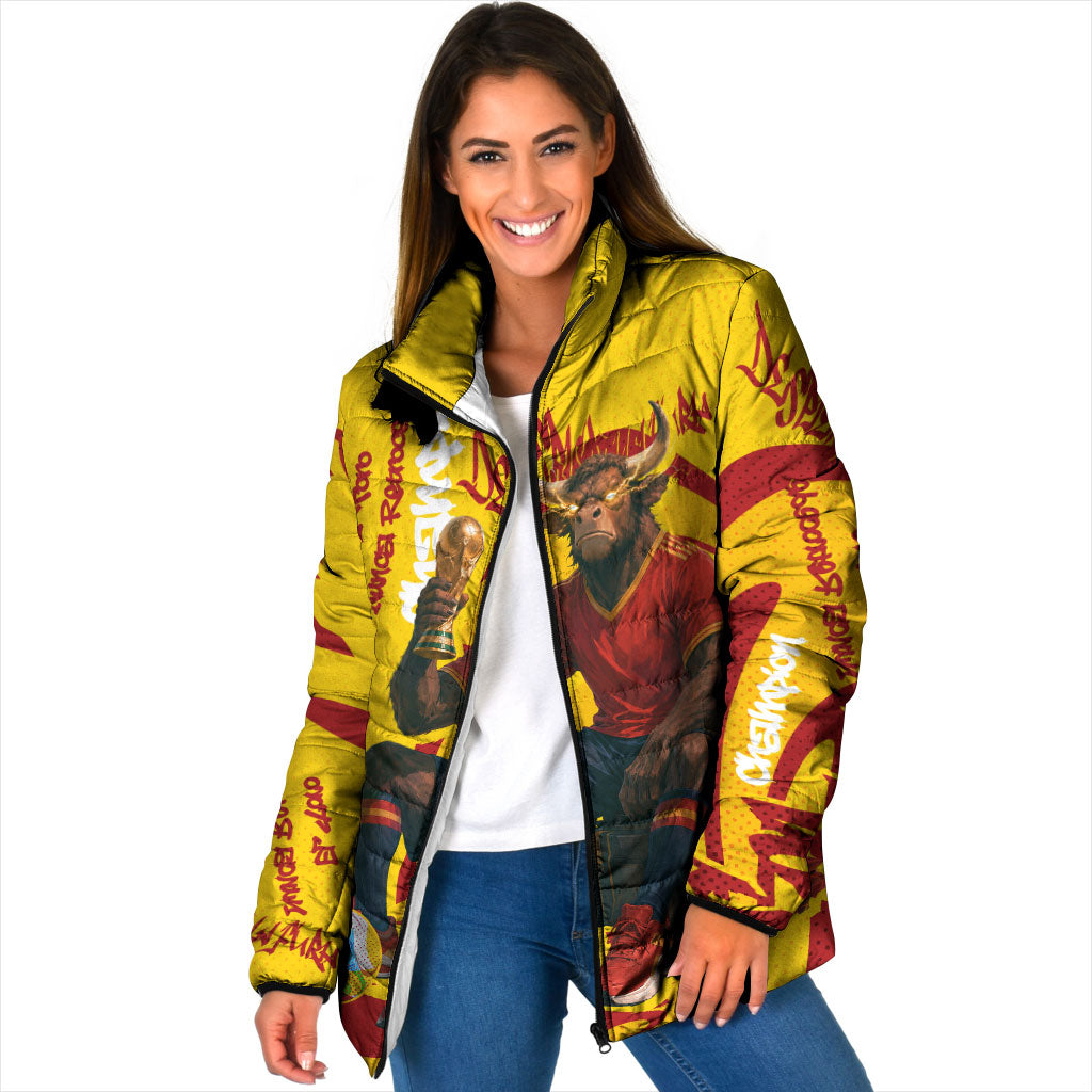 Spain Football Bull Mascot Padded Jacket Spanish Pride Champion Soccer Trophy Graffiti