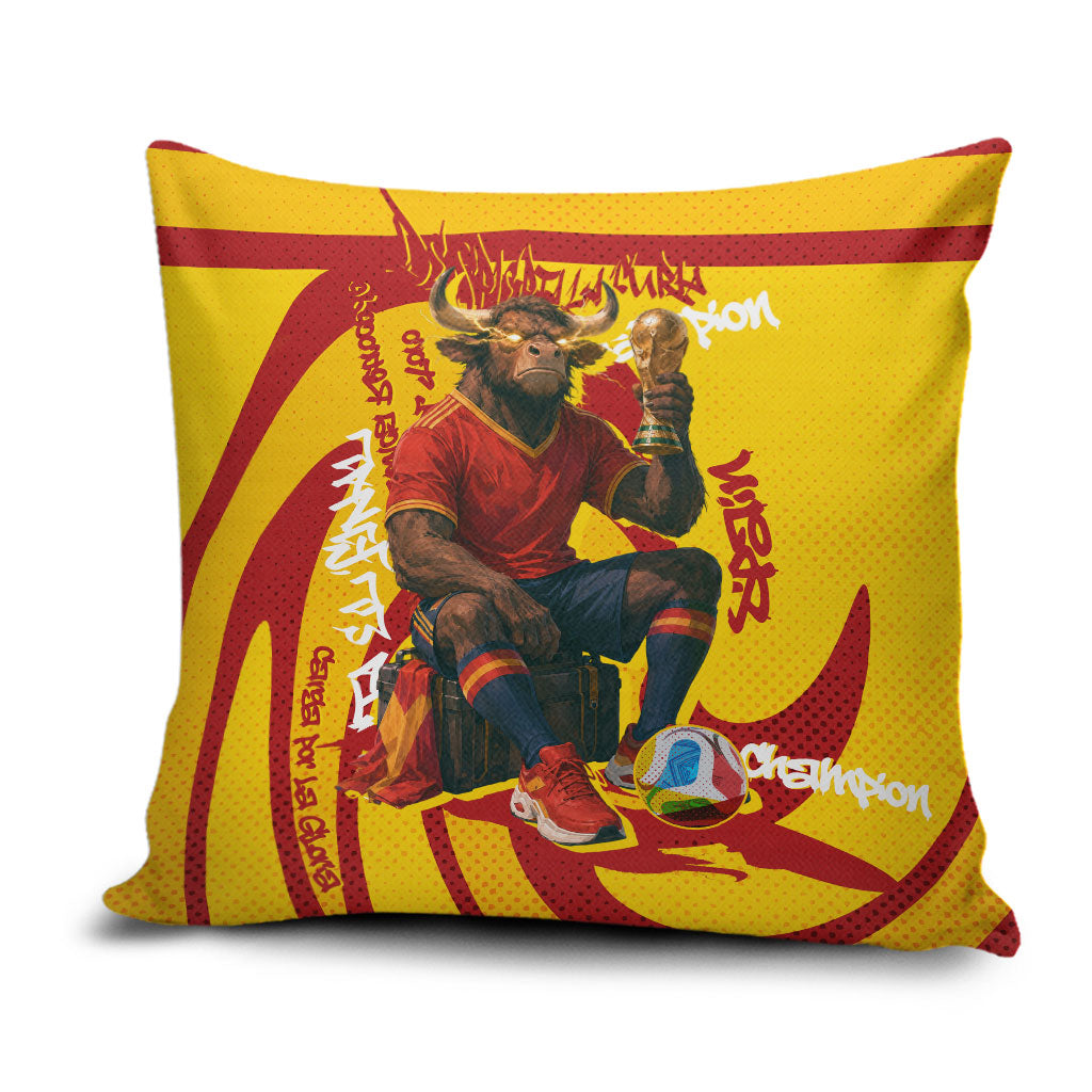 Spain Football Bull Mascot Pillow Cover Spanish Pride Champion Soccer Trophy Graffiti