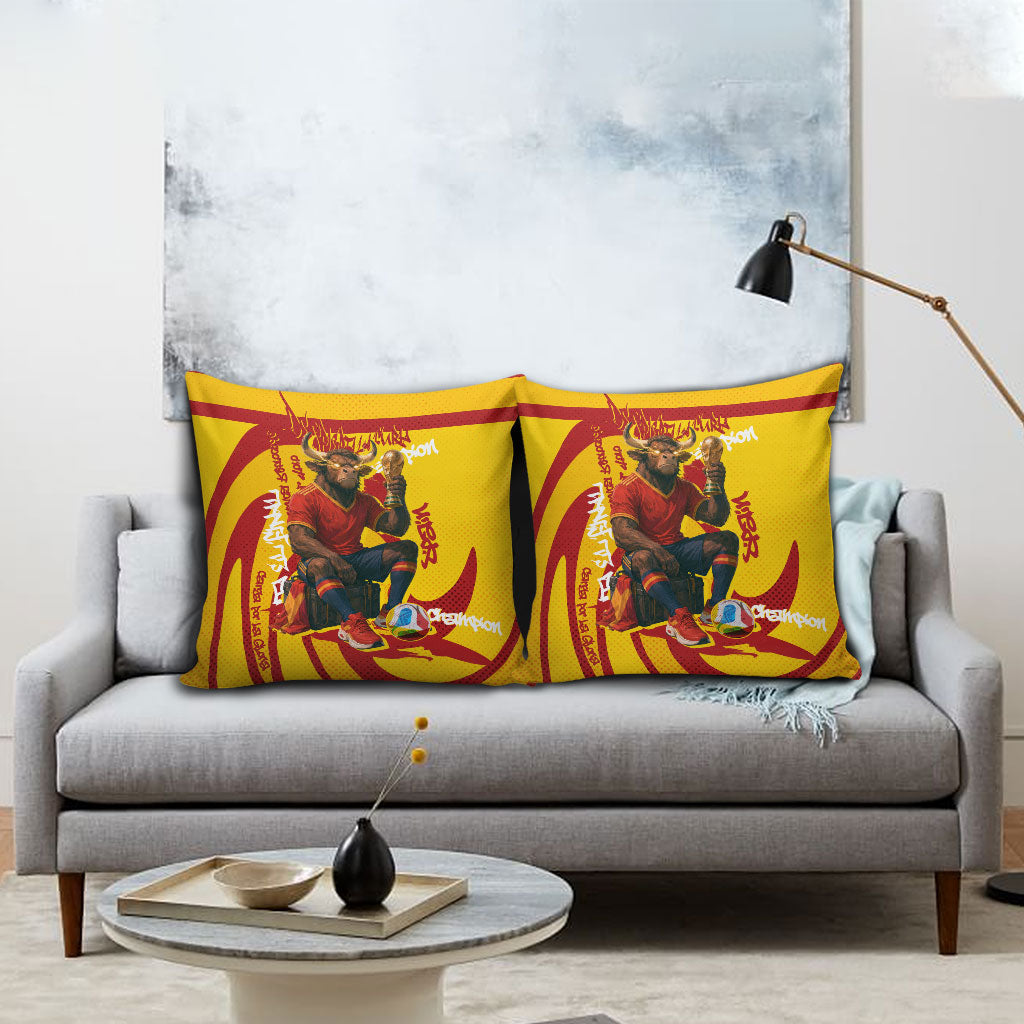 Spain Football Bull Mascot Pillow Cover Spanish Pride Champion Soccer Trophy Graffiti