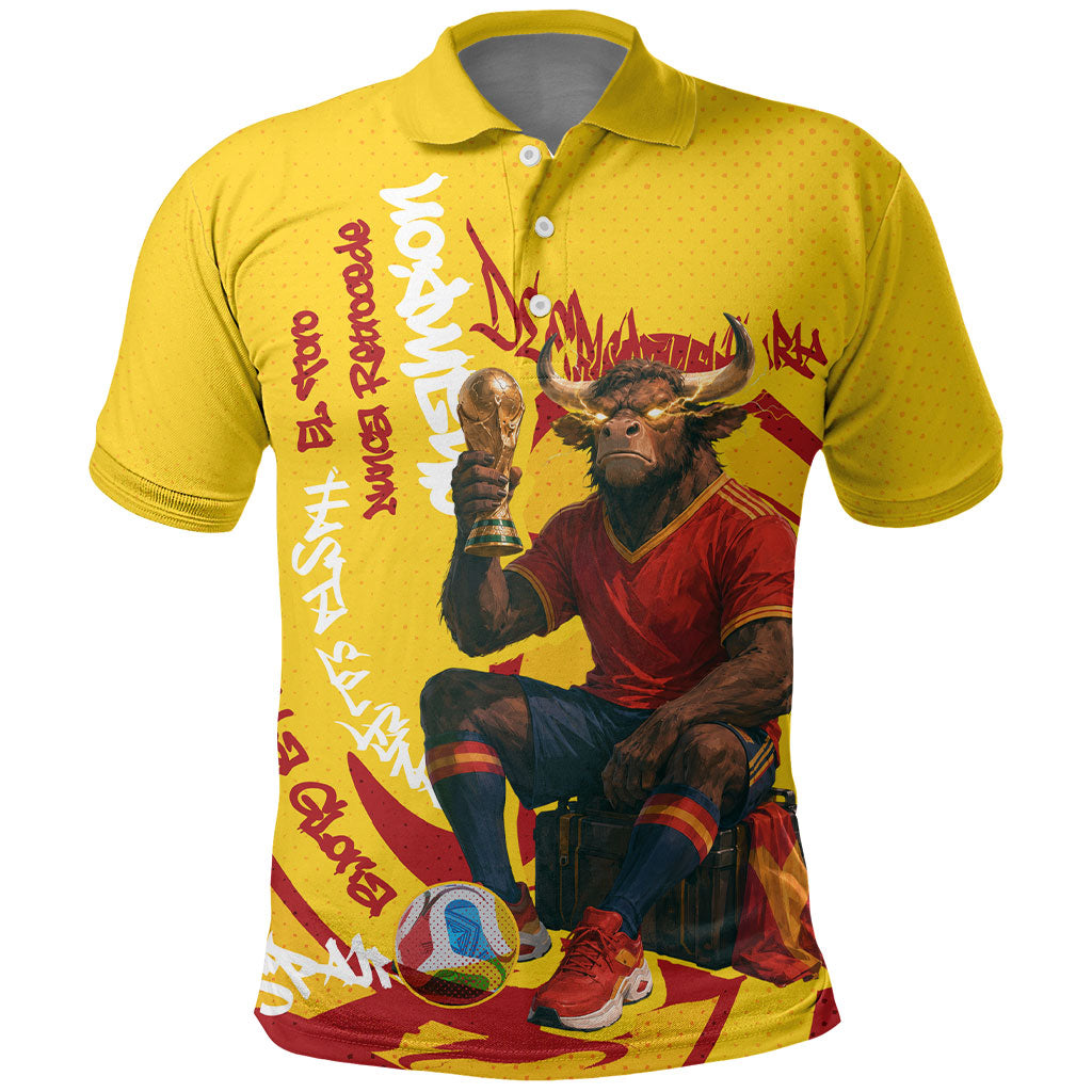 Spain Football Bull Mascot Polo Shirt Spanish Pride Champion Soccer Trophy Graffiti
