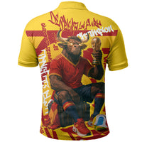 Spain Football Bull Mascot Polo Shirt Spanish Pride Champion Soccer Trophy Graffiti