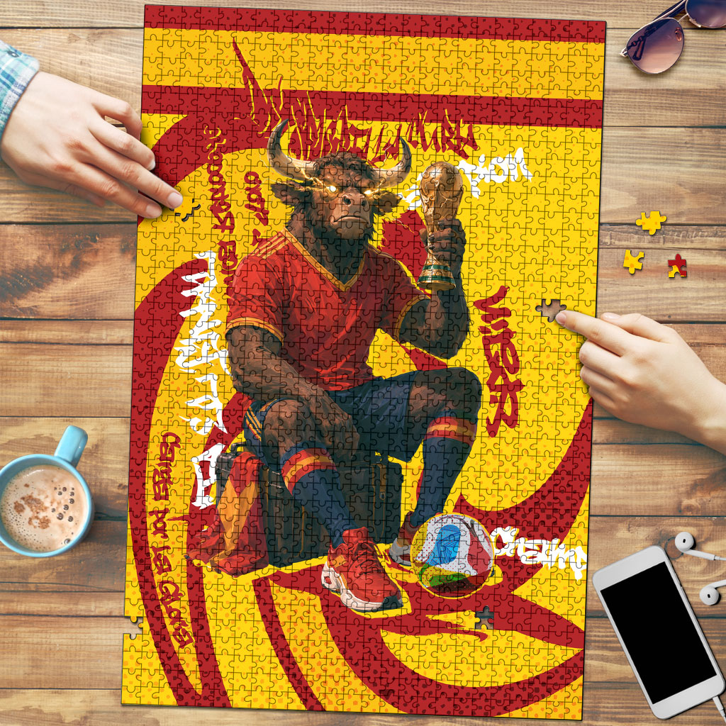 Spain Football Bull Mascot Puzzle Spanish Pride Champion Soccer Trophy Graffiti