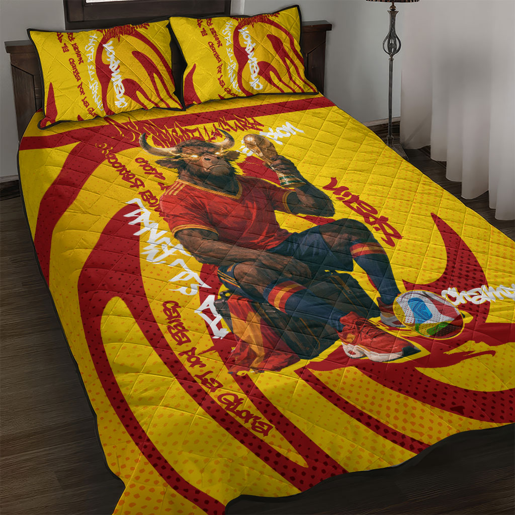 Spain Football Bull Mascot Quilt Bed Set Spanish Pride Champion Soccer Trophy Graffiti
