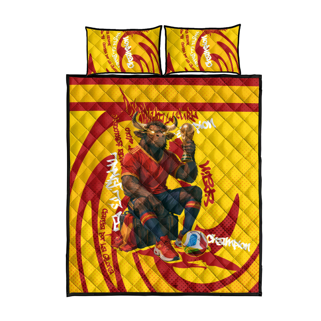 Spain Football Bull Mascot Quilt Bed Set Spanish Pride Champion Soccer Trophy Graffiti