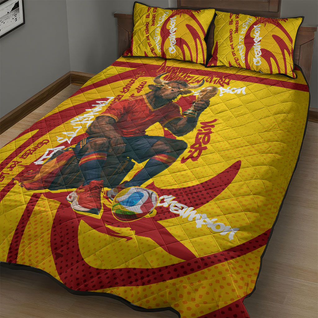 Spain Football Bull Mascot Quilt Bed Set Spanish Pride Champion Soccer Trophy Graffiti