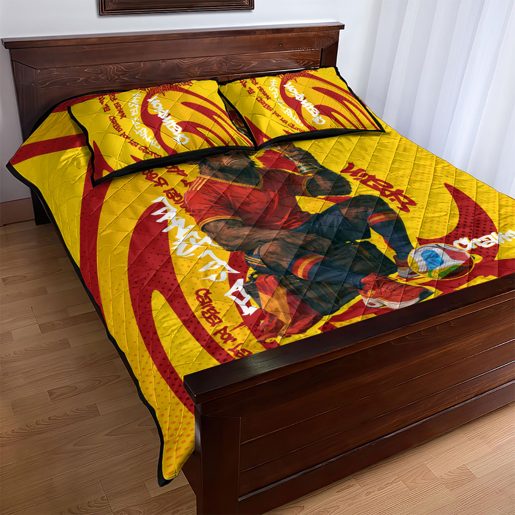Spain Football Bull Mascot Quilt Bed Set Spanish Pride Champion Soccer Trophy Graffiti