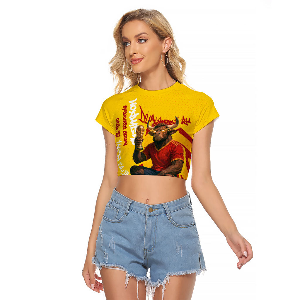 Spain Football Bull Mascot Raglan Cropped T Shirt Spanish Pride Champion Soccer Trophy Graffiti