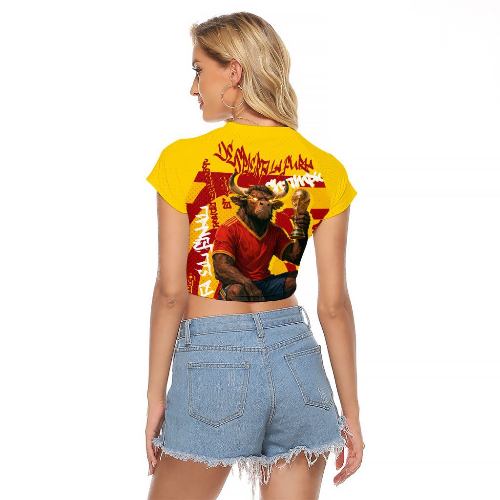 Spain Football Bull Mascot Raglan Cropped T Shirt Spanish Pride Champion Soccer Trophy Graffiti