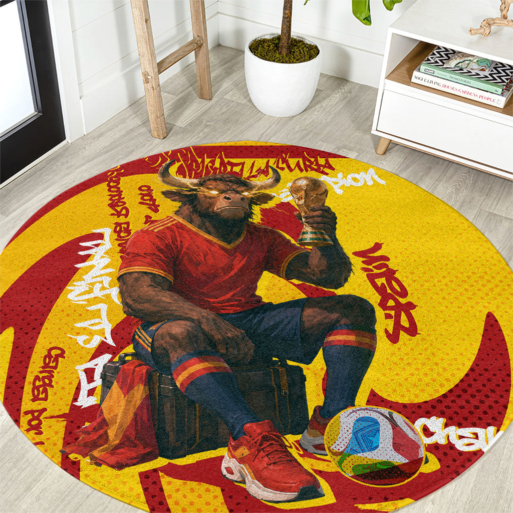 Spain Football Bull Mascot Round Carpet Spanish Pride Champion Soccer Trophy Graffiti