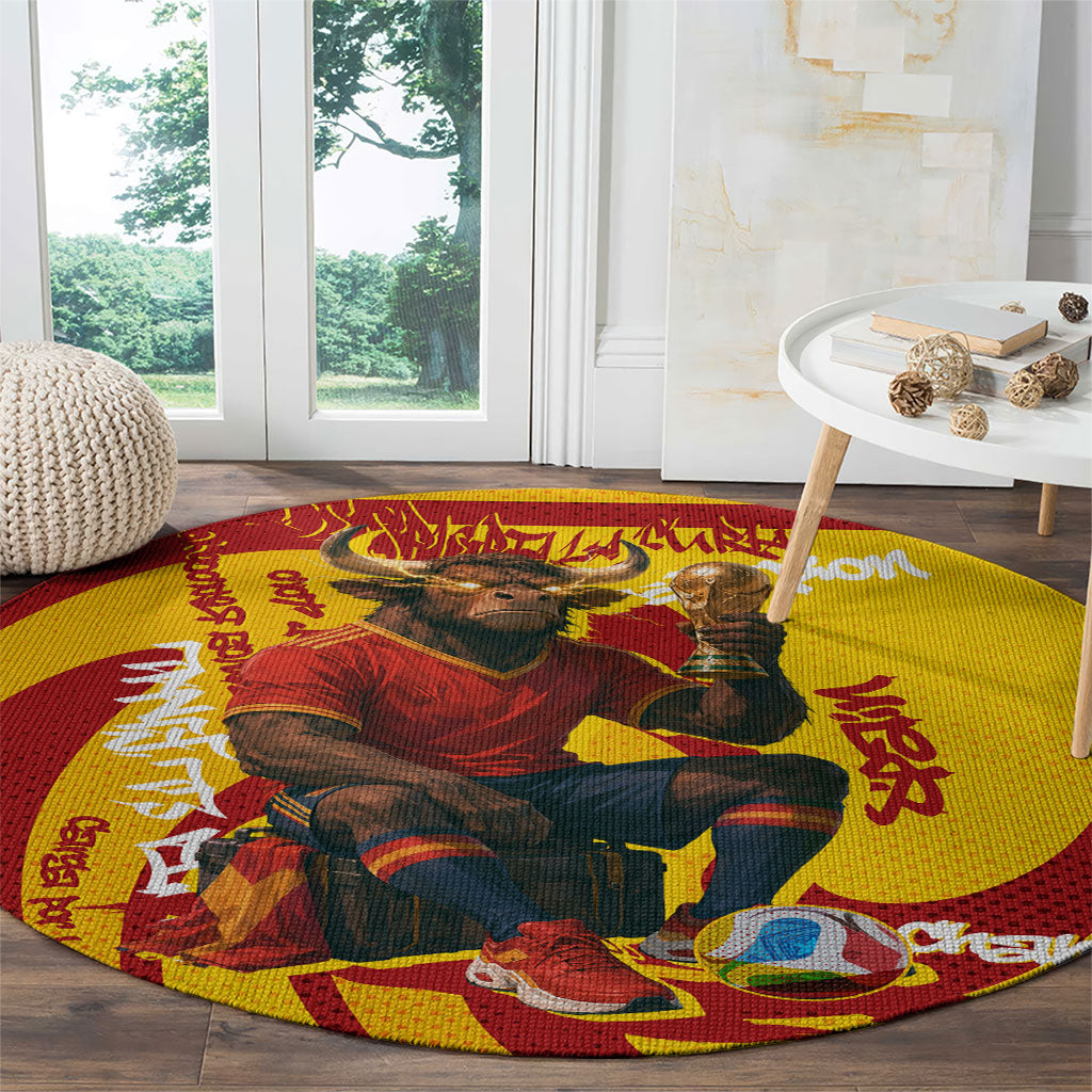 Spain Football Bull Mascot Round Carpet Spanish Pride Champion Soccer Trophy Graffiti